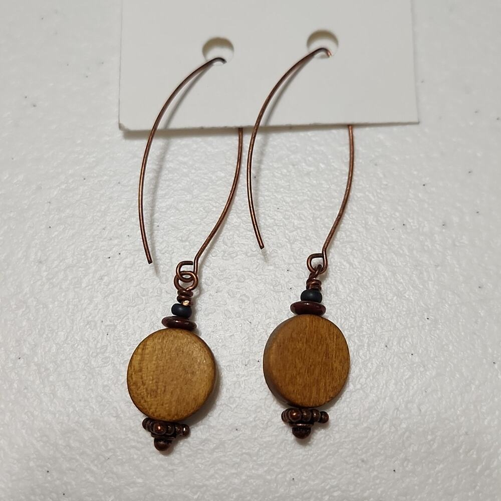 Earrings Wooden Beads Copper Tone Beads & Loop Boho Hippie Dangling Pierced